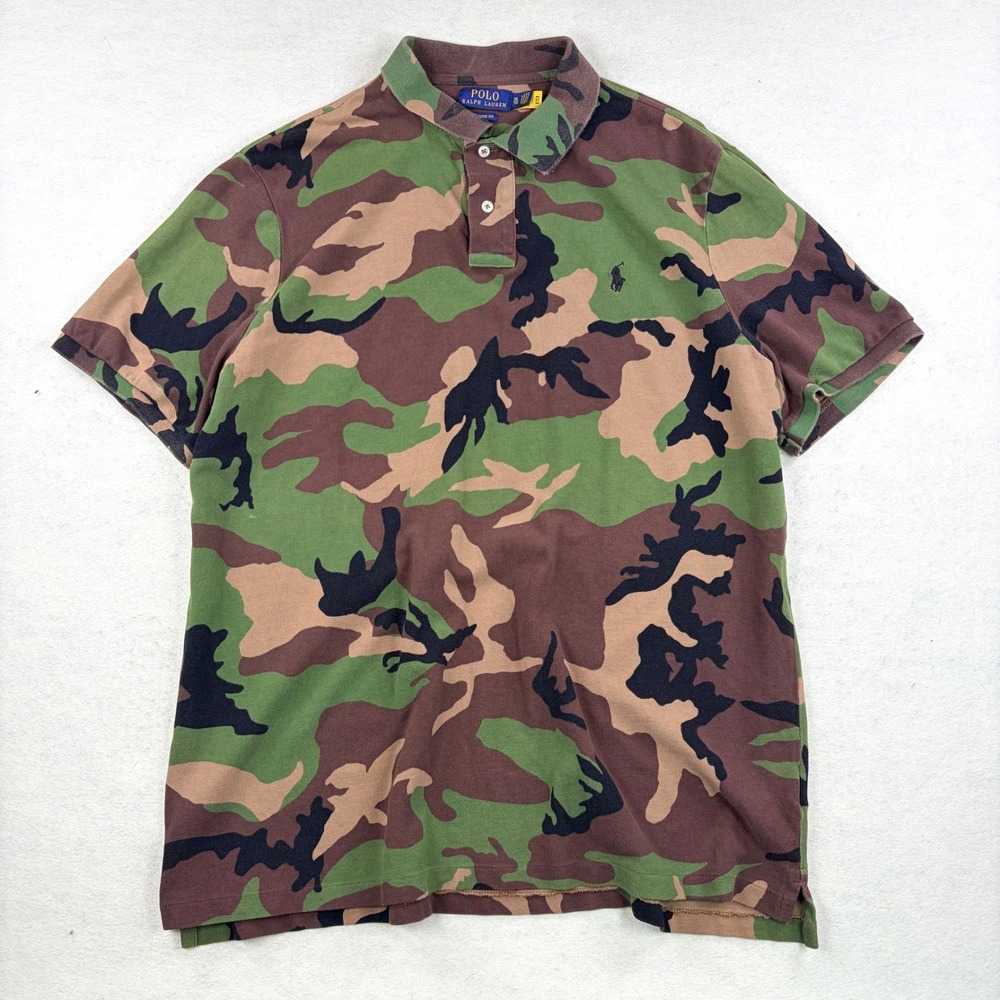 Polo Ralph Lauren Mens Camo Polo Shirt XL Classic Fit Green Brown Cotton Pique